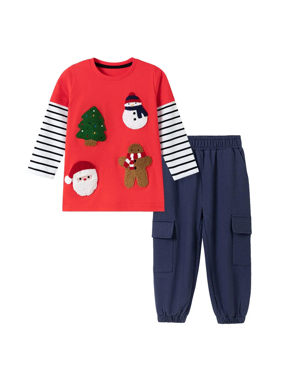 Boys Christmas Cartoon Pattern Crew Neck Top Sweatshirt and Plain Pants Clothing Set