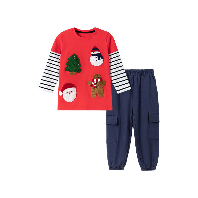 Boys Christmas Cartoon Pattern Crew Neck Top Sweatshirt and Plain Pants Clothing Set