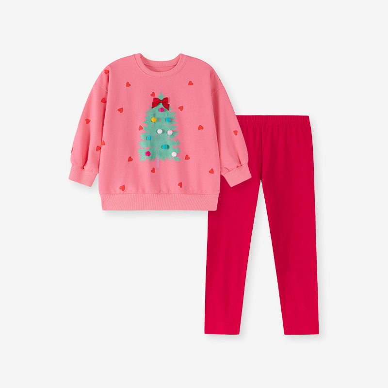 Girls Hearts and Christmas Tree Pattern Sweatshirt and Pants Clothing Set